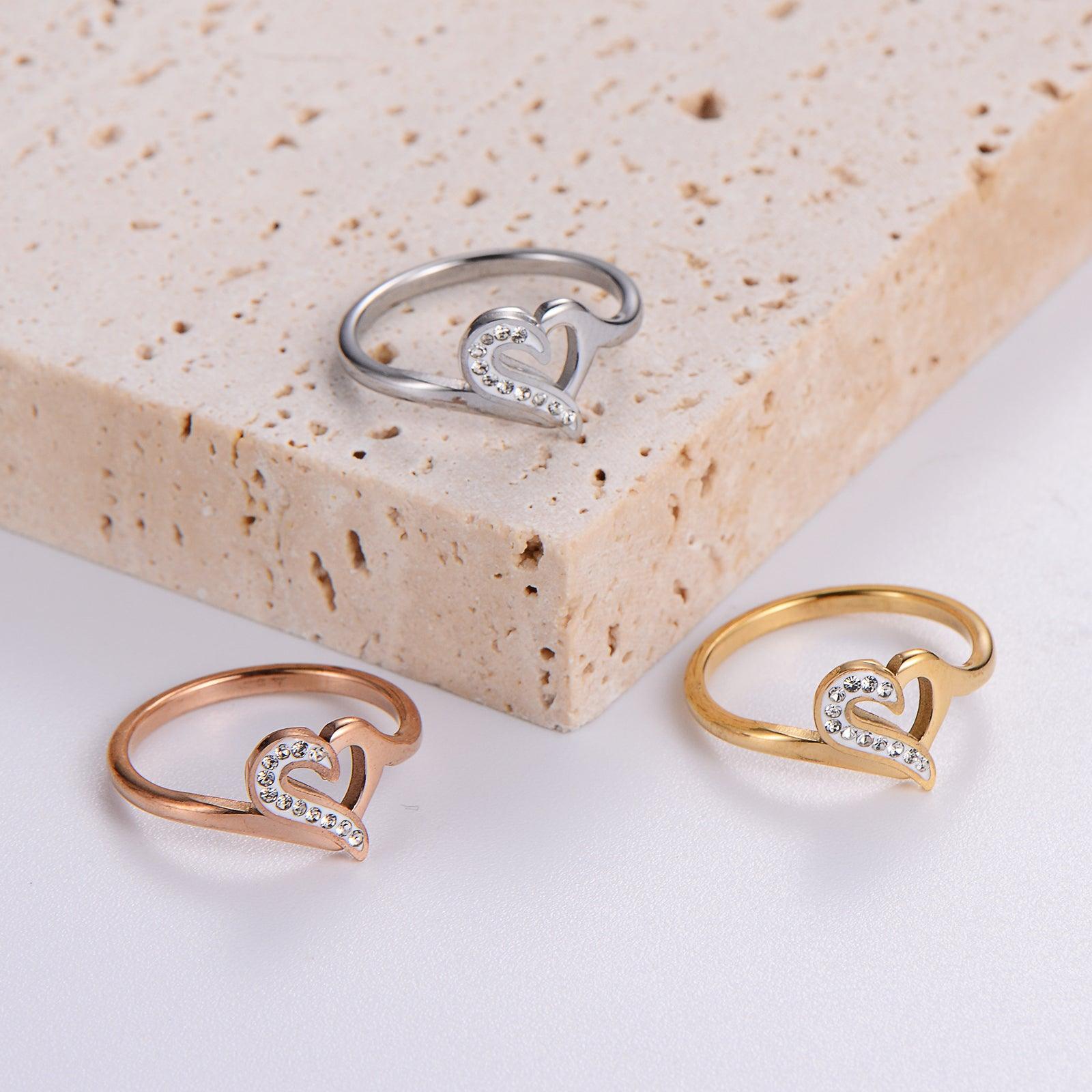 Wholesale Elegant Romantic Heart Shape Stainless Steel Plating Inlay Rhinestones 18K Gold Plated Rose Gold Plated Rings - ChicMeto