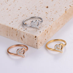 Wholesale Elegant Romantic Heart Shape Stainless Steel Plating Inlay Rhinestones 18K Gold Plated Rose Gold Plated Rings - ChicMeto