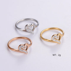 Wholesale Elegant Romantic Heart Shape Stainless Steel Plating Inlay Rhinestones 18K Gold Plated Rose Gold Plated Rings - ChicMeto