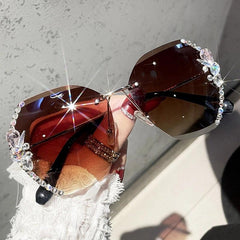 Wholesale Elegant Solid Color PC Oval Frame Rhinestone Frameless Women's Sunglasses - ChicMeto