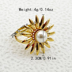 Wholesale Elegant Sweet Commute Flower Stainless Steel Open Rings Gold Plated with Pearl Inlay - ChicMeto