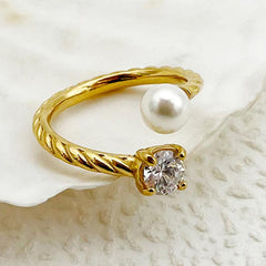 Wholesale Elegant Sweet Roman Style Stainless Steel Rings Gold Plated with Pearl Zircon Inlays - ChicMeto