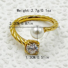 Wholesale Elegant Sweet Roman Style Stainless Steel Rings Gold Plated with Pearl Zircon Inlays - ChicMeto