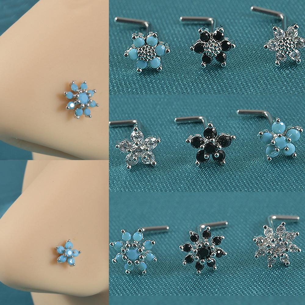 Wholesale Elegant Sweet Shiny Flower Stainless Steel Turquoise Zircon Nose Studs - ChicMeto