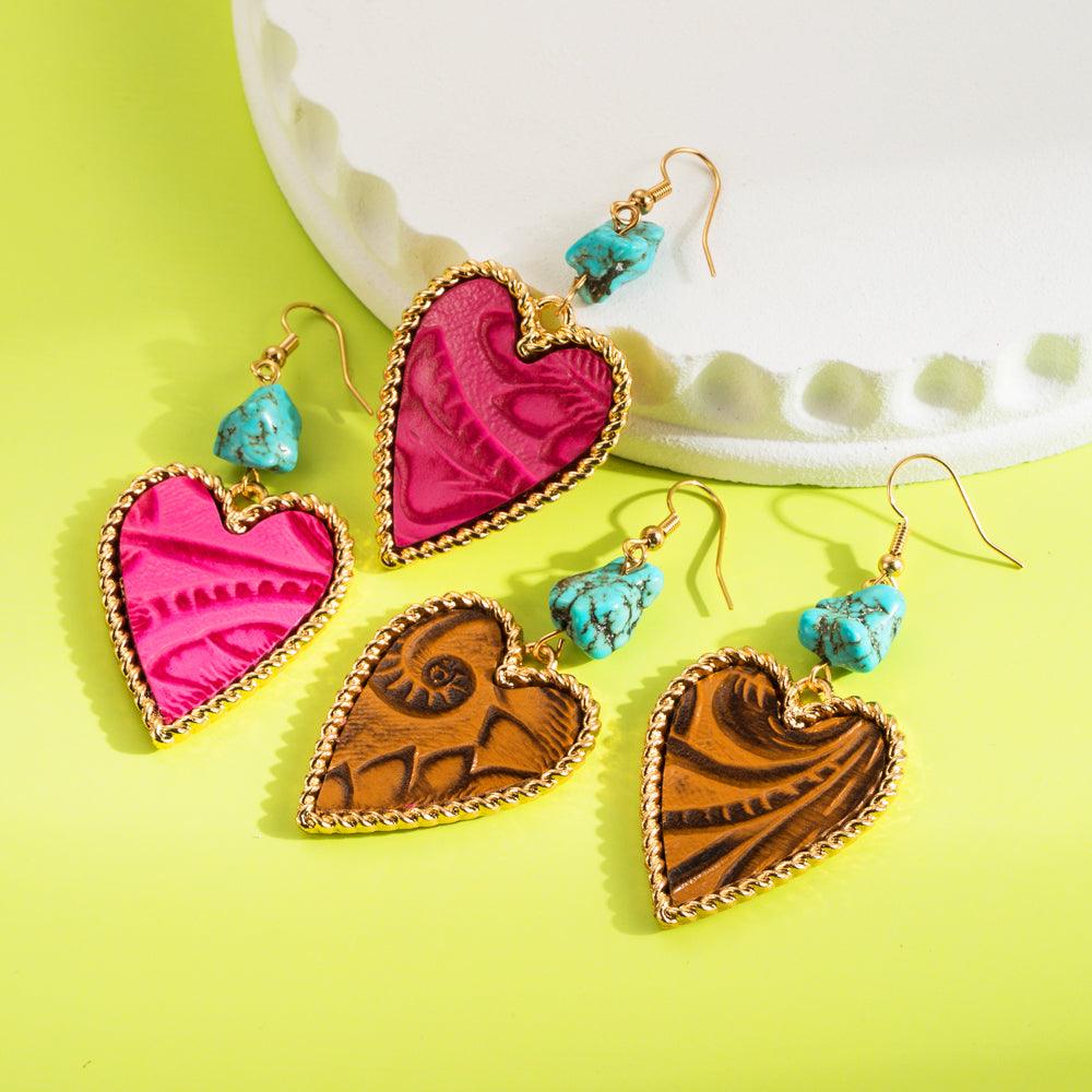 Wholesale Elegant Vintage Style Heart Shape Inlay Alloy Artificial Leather Turquoise Drop Earrings - ChicMeto