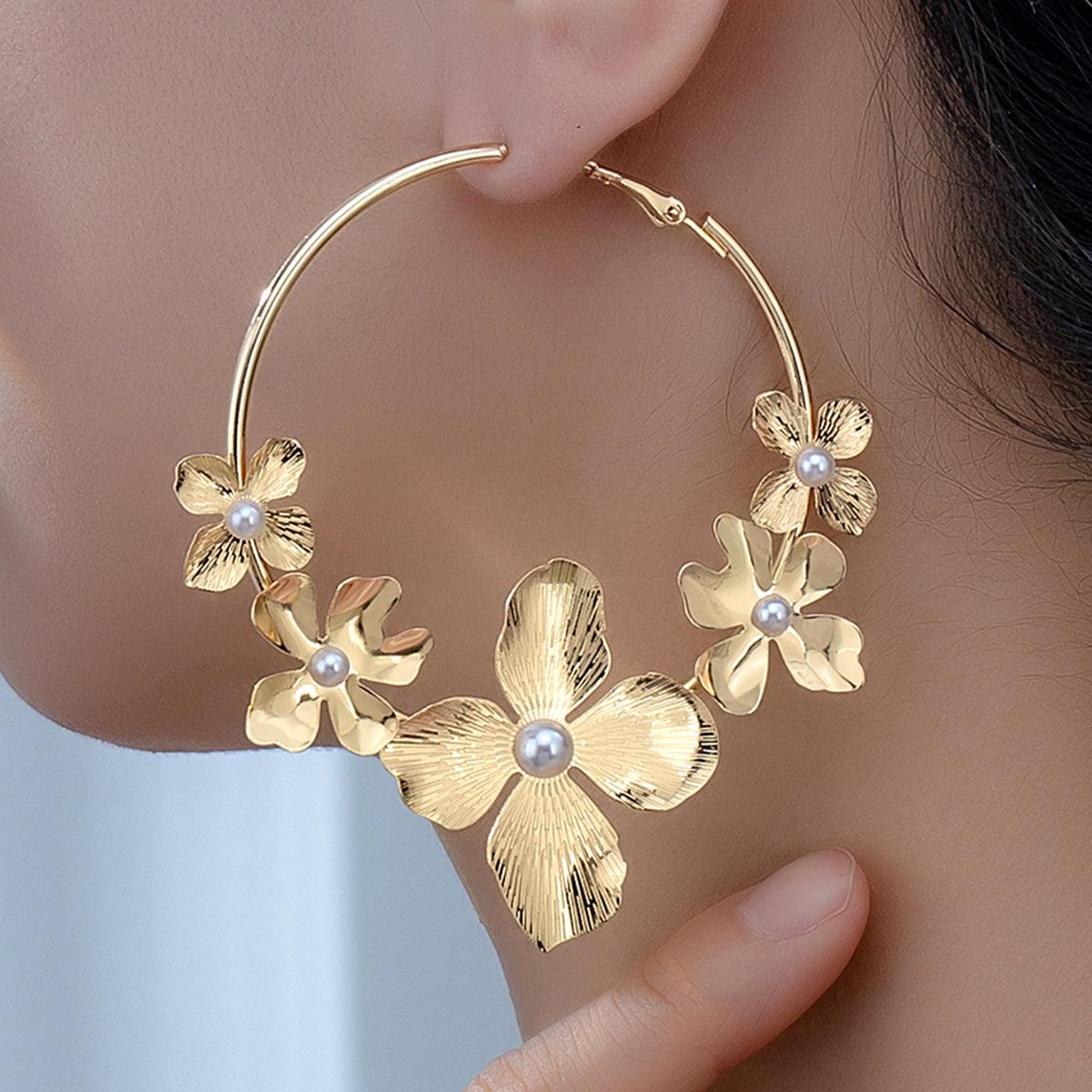 Wholesale Exaggerated Flower Ferroalloy Hoop Earrings - ChicMeto