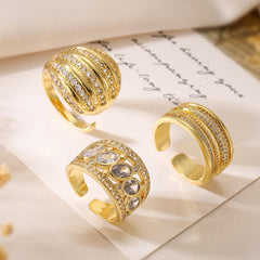 Wholesale Exaggerated Simple Style Commute Geometric Copper Plating Inlay Zircon 18K Gold Plated Open Rings - ChicMeto