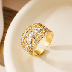 Wholesale Exaggerated Simple Style Commute Geometric Copper Plating Inlay Zircon 18K Gold Plated Open Rings - ChicMeto