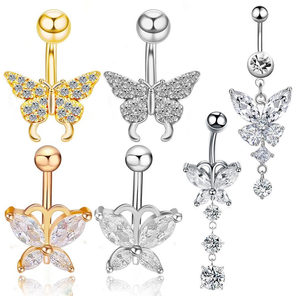 Wholesale Fashion Butterfly Stainless Steel Inlay Zircon Belly Ring 1 Piece - ChicMeto