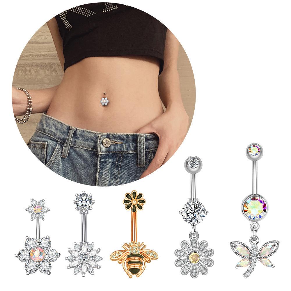 Wholesale Fashion Flower Bee Stainless Steel Plating Artificial Gemstones Belly Ring - ChicMeto