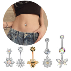 Wholesale Fashion Flower Bee Stainless Steel Plating Artificial Gemstones Belly Ring - ChicMeto