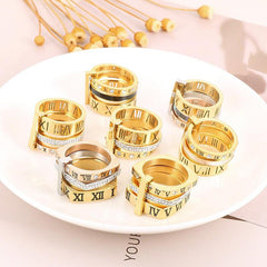 Wholesale Fashion Roman Numeral Rings Stainless Steel with Rhinestone Inlay 18K Gold Rose Gold Plated - ChicMeto