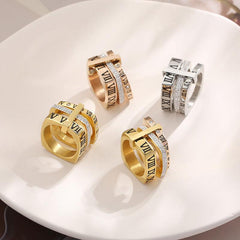 Wholesale Fashion Roman Numeral Rings Stainless Steel with Rhinestone Inlay 18K Gold Rose Gold Plated - ChicMeto