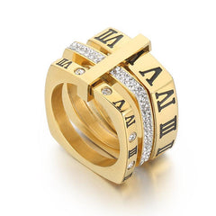 Wholesale Fashion Roman Numeral Rings Stainless Steel with Rhinestone Inlay 18K Gold Rose Gold Plated - ChicMeto