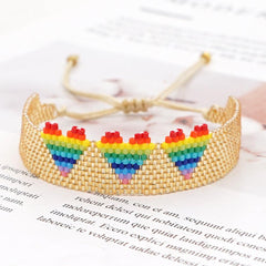 Wholesale Handcrafted Beaded Bracelet Rainbow Gradient Three Beads Heart-Shaped for Women - ChicMeto