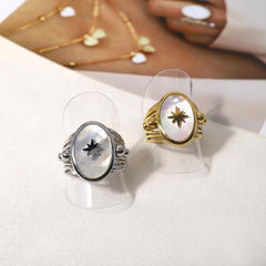 Wholesale Hip-hop Retro Hexagram Titanium Steel Open Rings 18K Gold Plated with Shell Inlay - ChicMeto