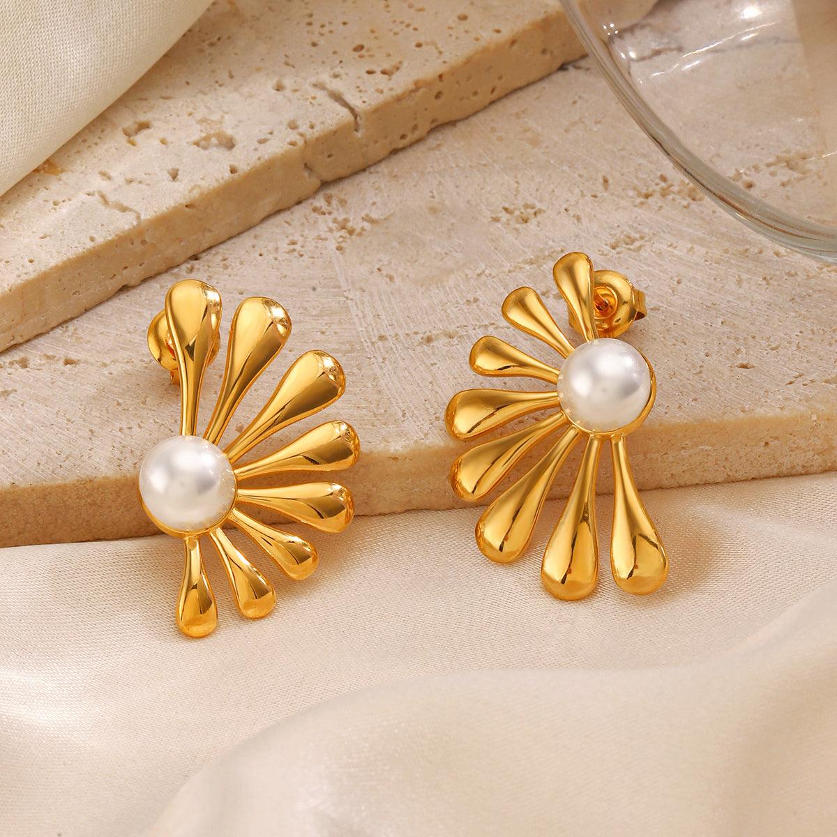 Wholesale IG Style Flower Asymmetrical Inlay 304 Stainless Steel Artificial Pearls 18K Gold Plated Ear Studs - ChicMeto