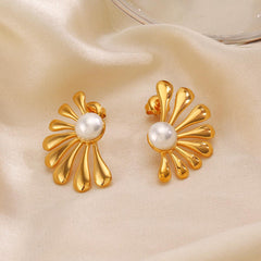 Wholesale IG Style Flower Asymmetrical Inlay 304 Stainless Steel Artificial Pearls 18K Gold Plated Ear Studs - ChicMeto