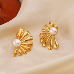 Wholesale IG Style Flower Asymmetrical Inlay 304 Stainless Steel Artificial Pearls 18K Gold Plated Ear Studs - ChicMeto