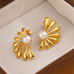 Wholesale IG Style Flower Asymmetrical Inlay 304 Stainless Steel Artificial Pearls 18K Gold Plated Ear Studs - ChicMeto