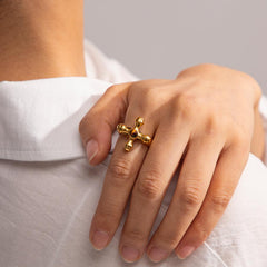 Wholesale IG Style Retro Streetwear Cross Stainless Steel Rings 18K Gold Plated with Artificial Gemstone Inlay - ChicMeto