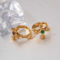 Wholesale IG Style Retro Streetwear Cross Stainless Steel Rings 18K Gold Plated with Artificial Gemstone Inlay - ChicMeto