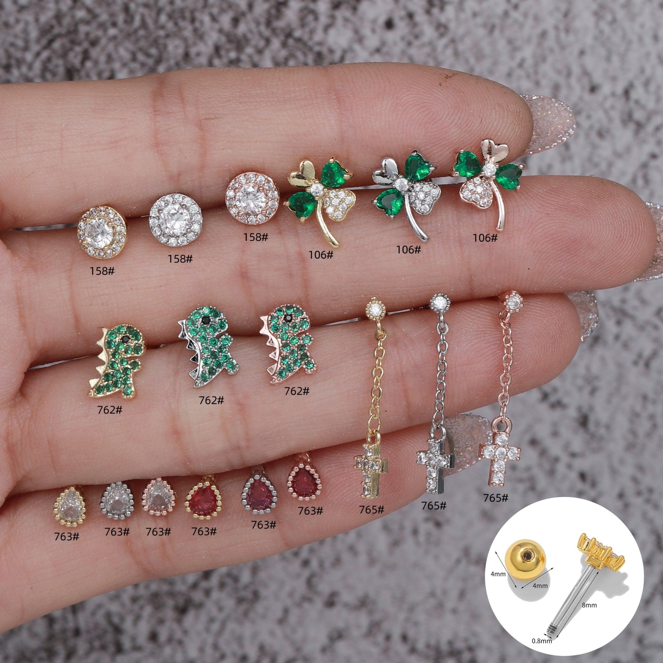 Wholesale IG Style Simple Cross Four Leaf Clover Dinosaur Plating Inlay Brass Zircon 18k White Gold Plated Ear Studs - ChicMeto