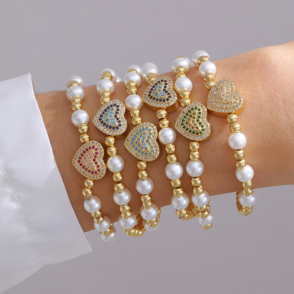 Wholesale IG Style Sweet Heart Shape Copper Pearl Plating Zircon Inlay 18K Gold Plated Bracelets - ChicMeto