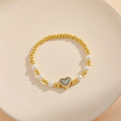 Wholesale IG Style Sweet Heart Shape Copper Pearl Plating Zircon Inlay 18K Gold Plated Bracelets - ChicMeto