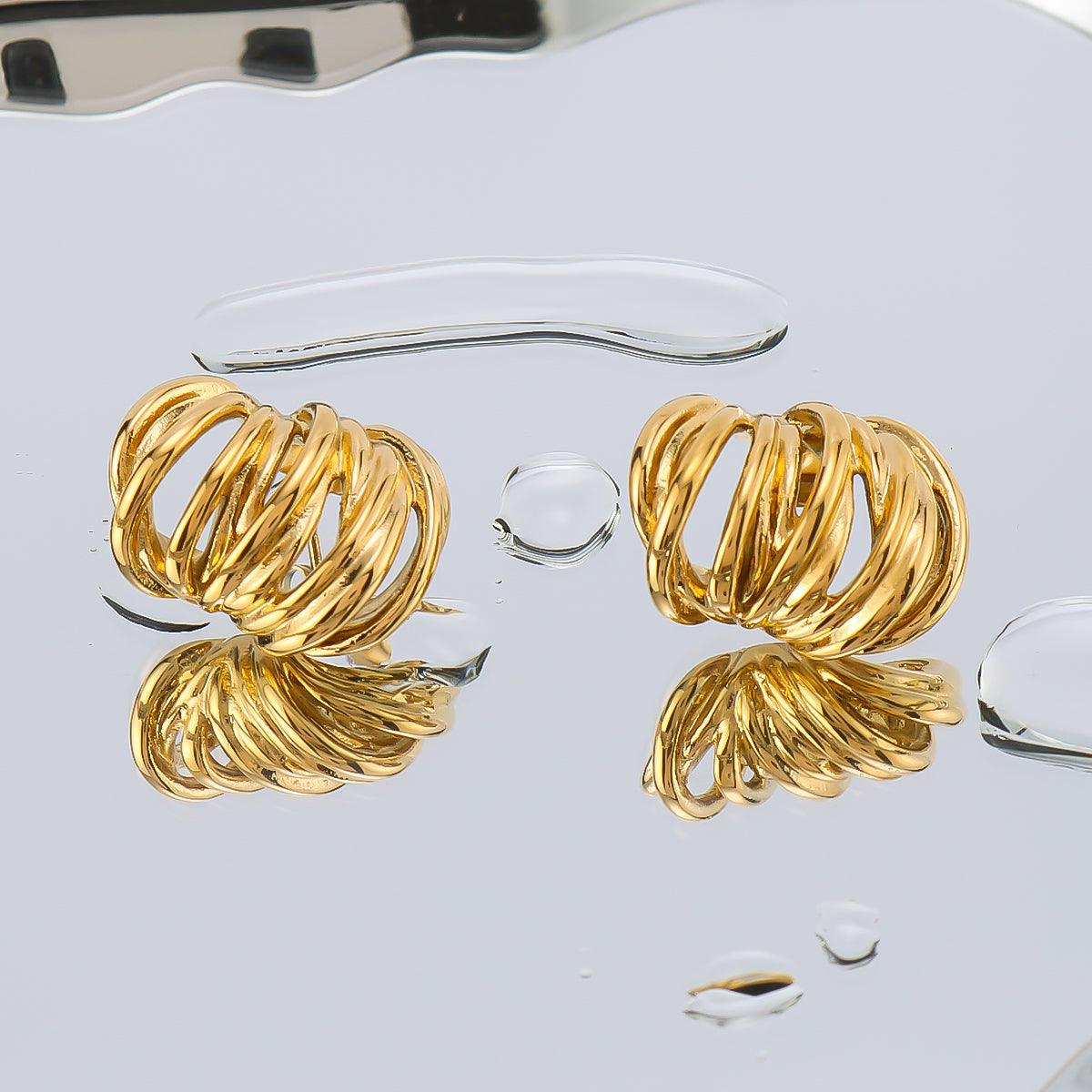 Wholesale IG Style Vintage Simple Lines Three-dimensional Hollow Out 316 Stainless Steel 18K Gold Plated Ear Studs Pair - ChicMeto