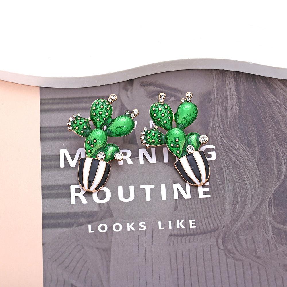 Wholesale Novelty Cactus Enamel Alloy Rhinestones Ear Studs - ChicMeto