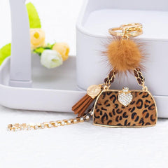 Wholesale Retro Bag Heart Shape Leopard PU Leather Keychain | Rhinestone Inlay, Women's Bag Pendant - ChicMeto