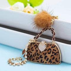 Wholesale Retro Bag Heart Shape Leopard PU Leather Keychain | Rhinestone Inlay, Women's Bag Pendant - ChicMeto