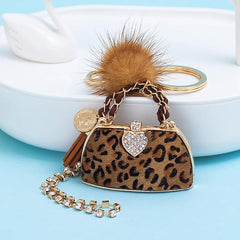 Wholesale Retro Bag Heart Shape Leopard PU Leather Keychain | Rhinestone Inlay, Women's Bag Pendant - ChicMeto