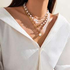 Wholesale Retro French Sweet Irregular Round Imitation Pearl Alloy Copper Tassel Layered Necklace - ChicMeto