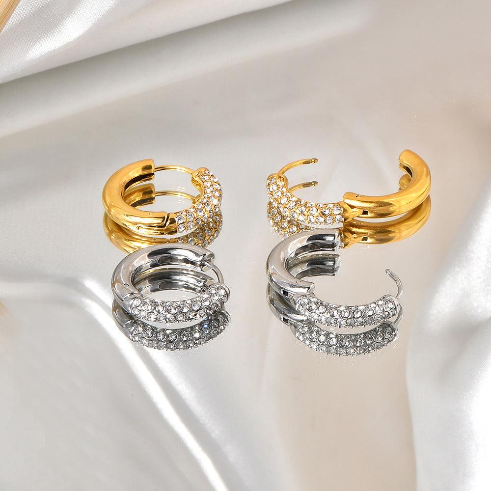 Wholesale Retro Geometric Inlay Titanium Steel Zircon 18K Gold Plated Earrings Pair - ChicMeto