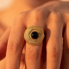 Wholesale Retro Roman Style Geometric Stainless Steel Open Rings 18K Gold Plated with Agate Inlay - ChicMeto