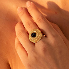 Wholesale Retro Roman Style Geometric Stainless Steel Open Rings 18K Gold Plated with Agate Inlay - ChicMeto