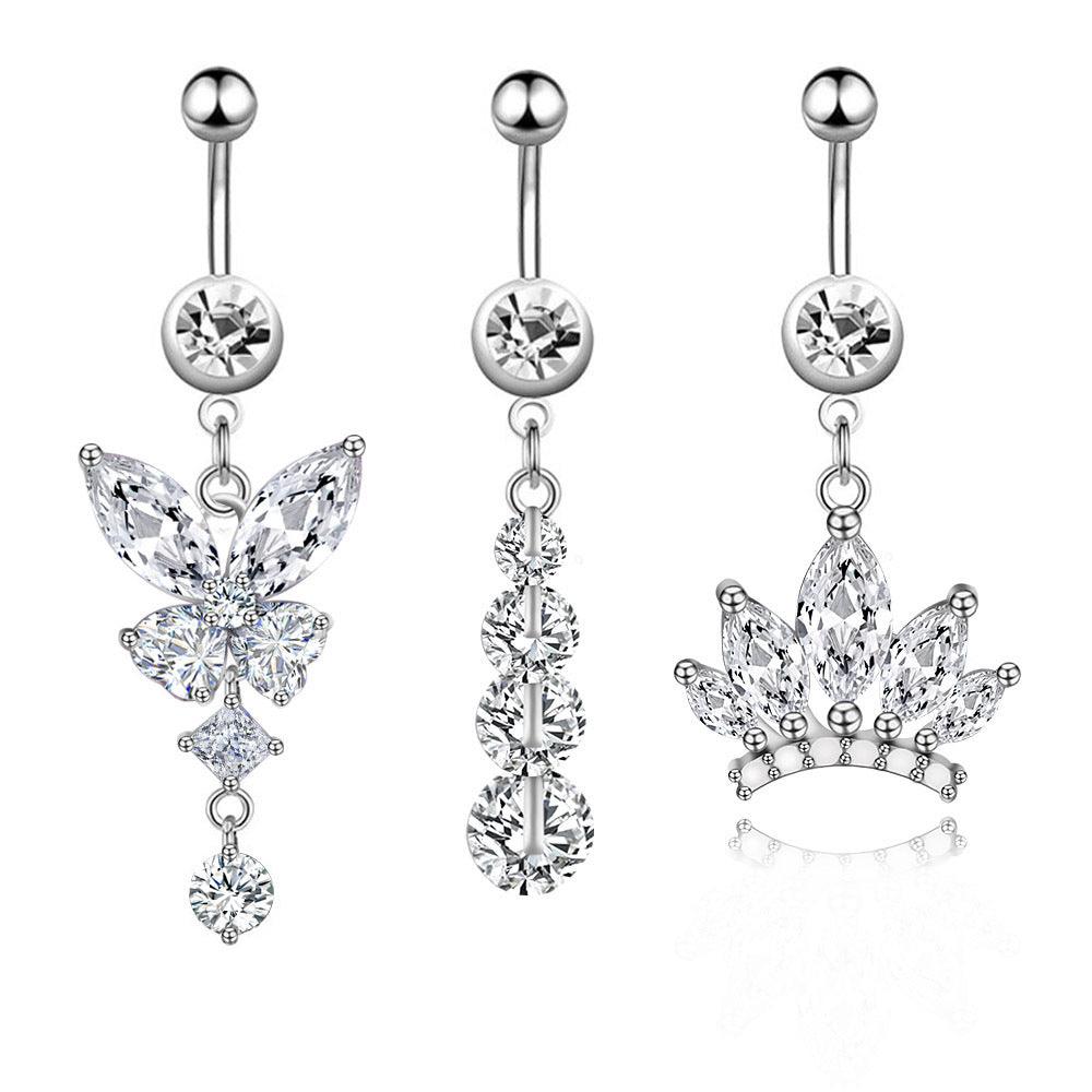 Wholesale Retro Sexy Tree Crown Butterfly Stainless Steel Inlay Zircon Belly Ring 1 Piece - ChicMeto