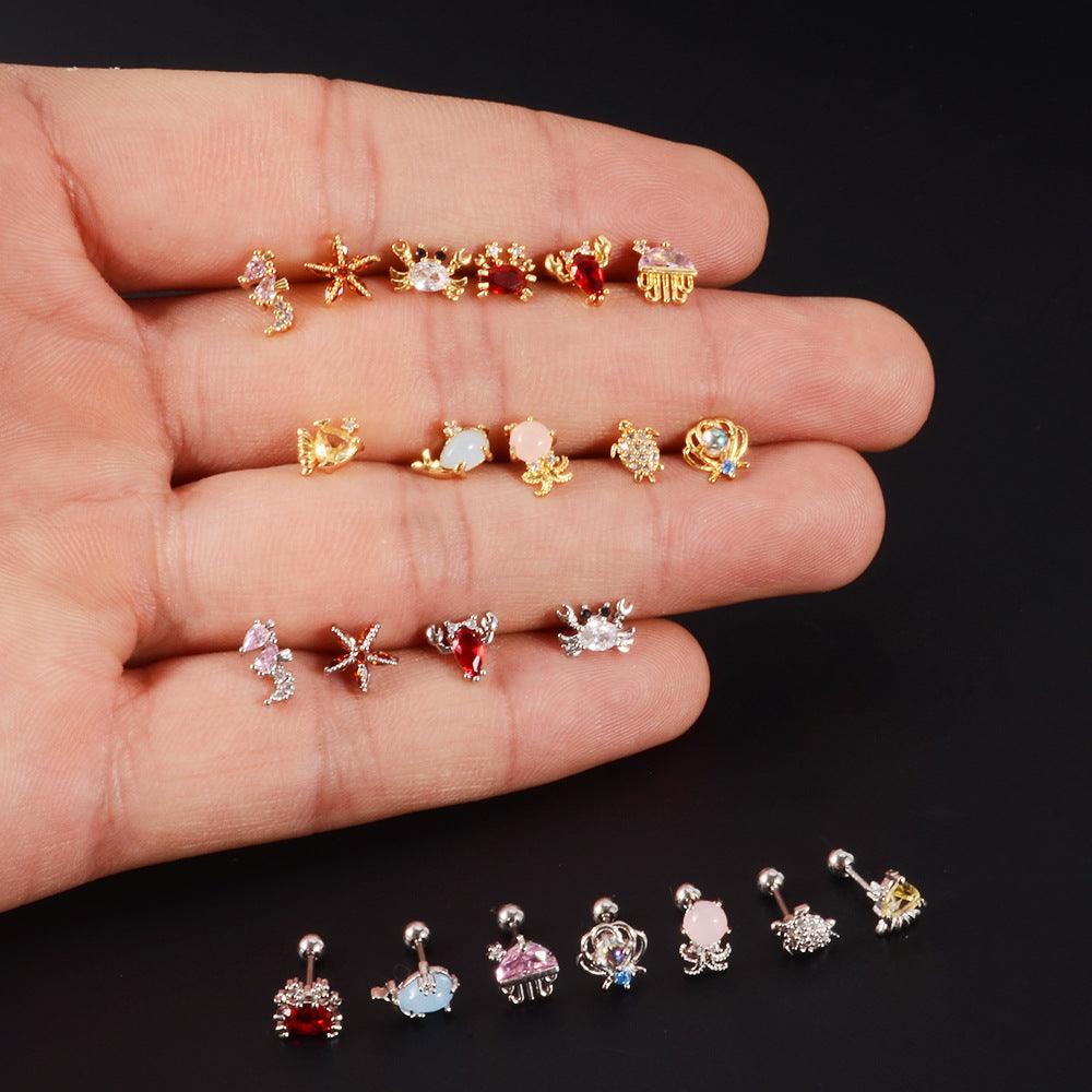 Wholesale Retro Starfish Crab Stainless Steel Copper Inlay Zircon Ear Studs - ChicMeto