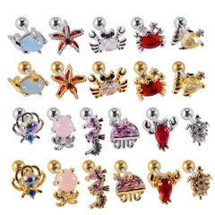 Wholesale Retro Starfish Crab Stainless Steel Copper Inlay Zircon Ear Studs - ChicMeto