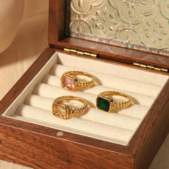 Wholesale Retro Twist Stainless Steel Rings Polished with Zircon Inlay 18K Gold Plated - ChicMeto