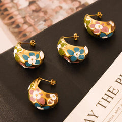 Wholesale Simple Artistic Korean Style Water Droplets Flower Petal Enamel Plating 304 Stainless Steel 18K Gold Plated Ear Studs - ChicMeto