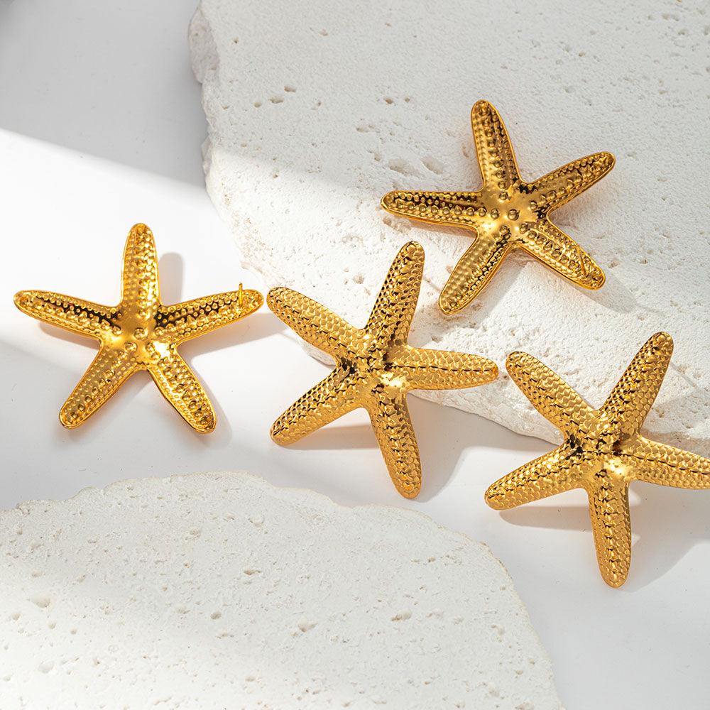 Wholesale Simple Classic Pentagram Plant Starfish Plating 304 Stainless Steel 14K Gold Plated Ear Studs - ChicMeto