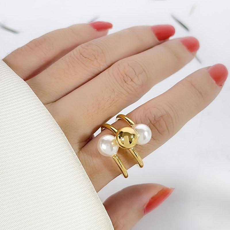 Wholesale Simple Style Geometric Stainless Steel Open Rings with 18k Gold Plated Artificial Pearls Inlay - ChicMeto