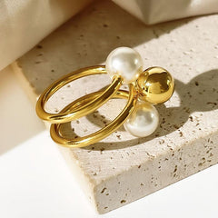 Wholesale Simple Style Geometric Stainless Steel Open Rings with 18k Gold Plated Artificial Pearls Inlay - ChicMeto