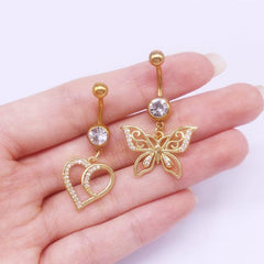 Wholesale Simple Style Heart Shape Cat Butterfly Stainless Steel Sequin Copper White Gold Plated Gold Plated Rhinestones Zircon Belly Ring In Bulk - ChicMeto