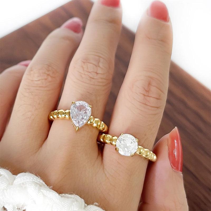 Wholesale Simple Style Round Water Droplets Stainless Steel Plating Inlay Zircon 18K Gold Plated Rings - ChicMeto