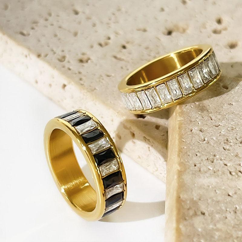 Wholesale Simple Style Shiny Rectangle Rings Stainless Steel Plating Inlay Rhinestones 18k Gold Plated - ChicMeto