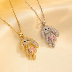 Wholesale Stainless Steel 18K Gold Plated Cute Rabbit Inlay Zircon Pendant Necklace - ChicMeto